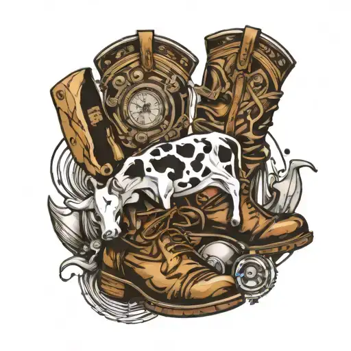 Tattoo that incorporates cows, boots and aerospace mechanics tattoo design idea