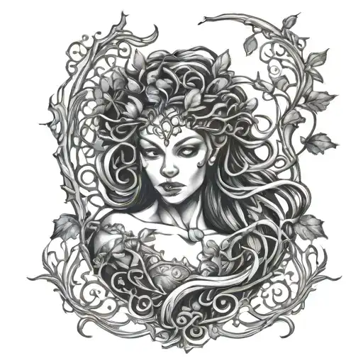 wood dryad with filigree vine intertwined and tree  tattoo design idea