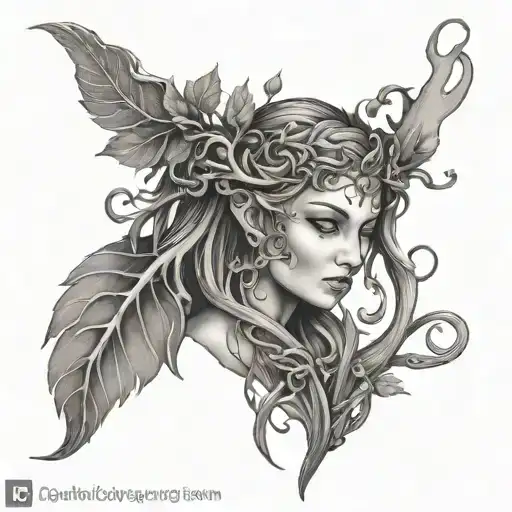 wood dryad with filigree vine intertwined tattoo design idea