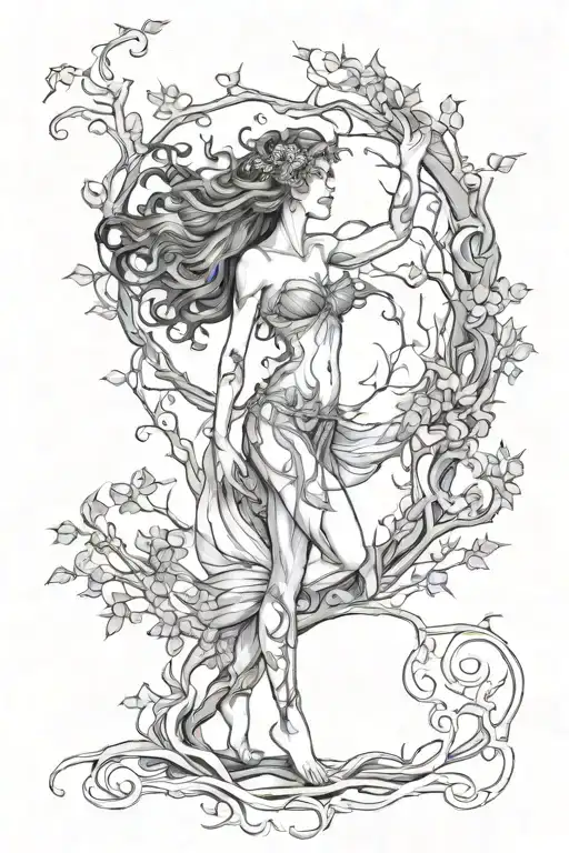 full body female wood dryad with filigree vine intertwined and tree  tattoo design idea