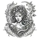 wood dryad with filigree vine intertwined and tree  tattoo design idea