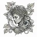 wood dryad with filigree vine intertwined and tree  tattoo design idea