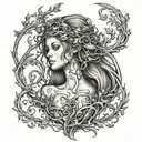 wood dryad with filigree vine intertwined and tree  tattoo design idea
