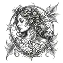 wood dryad with filigree vine intertwined and tree  tattoo design idea