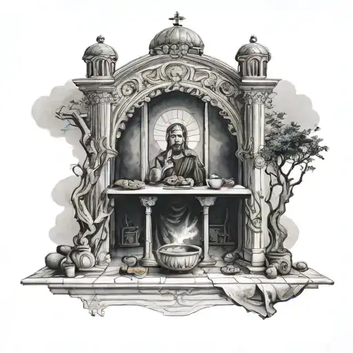 Orthodox monastery with the last supper above tattoo design idea
