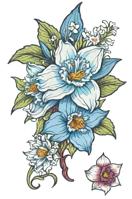 light blue daffodil with white daisy and ruby larkspur flower  tattoo design idea