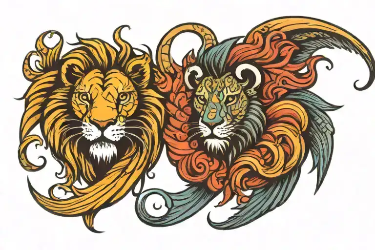 lion two fish and ram head tattoo design idea