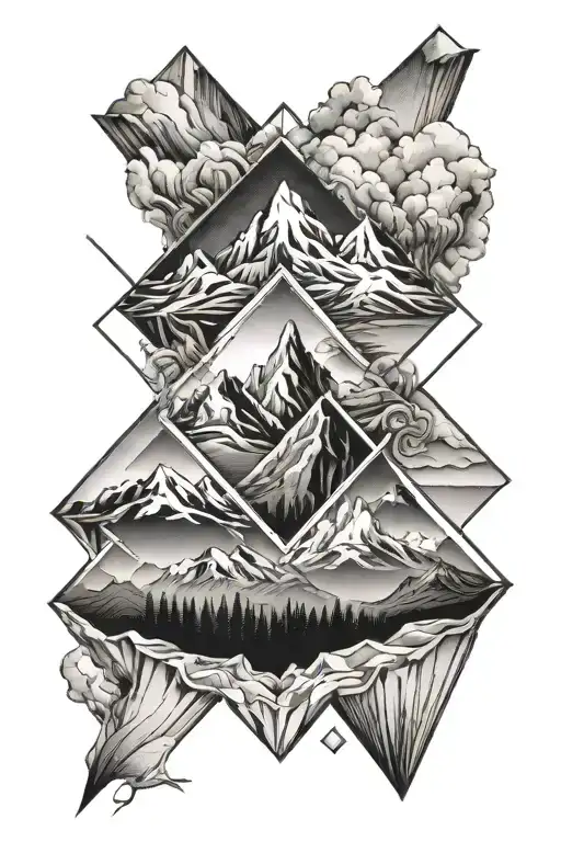 mountains in a diamond frame. It should include a track train that splits into two and is blocked to the right  tattoo design idea
