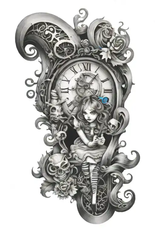Alice in wonder land falling down tunnel full arm sleeve in black and grey Californian style   tattoo design idea