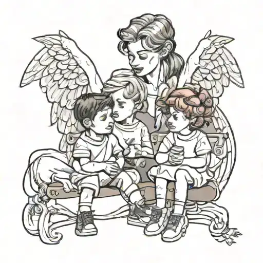 3 kids and an angel watching tattoo design idea