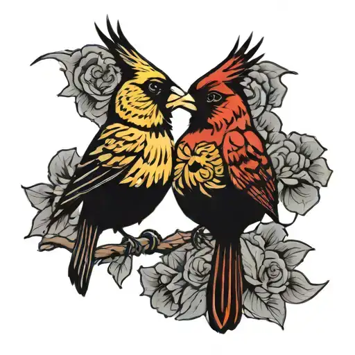 cardinal and gold finch touching heads tattoo design idea