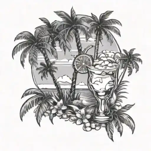 A beach scene with palm trees and a cocktail glass that doubles as a microphone tattoo design idea