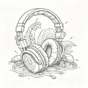 A pair of headphones with seashells and sand inside, creating a unique audio beach vibe tattoo design idea