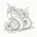 A pair of headphones with seashells and sand inside, creating a unique audio beach vibe tattoo design idea
