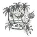 A beach scene with palm trees and a cocktail glass that doubles as a microphone tattoo design idea
