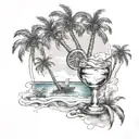 A beach scene with palm trees and a cocktail glass that doubles as a microphone tattoo design idea