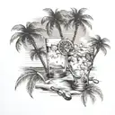 A beach scene with palm trees and a cocktail glass that doubles as a microphone tattoo design idea