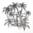 A beach scene with palm trees and a cocktail glass that doubles as a microphone tattoo design idea