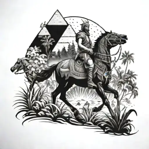 A mystical scene of a king riding a chariot through a jungle with pyramids in the background tattoo design idea
