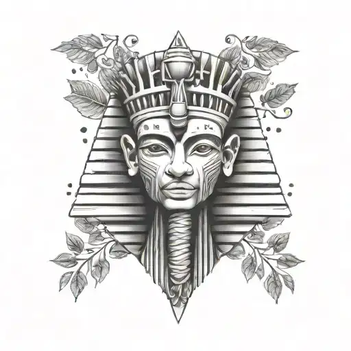 A pharaoh's head adorned with a crown made of jungle leaves and vines tattoo design idea