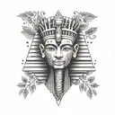 A pharaoh's head adorned with a crown made of jungle leaves and vines tattoo design idea