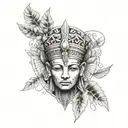 A pharaoh's head adorned with a crown made of jungle leaves and vines tattoo design idea