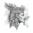 A pharaoh's head adorned with a crown made of jungle leaves and vines tattoo design idea