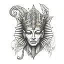 A pharaoh's head adorned with a crown made of jungle leaves and vines tattoo design idea