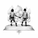 dad and little boy holding hands walking up stairs leading to heaven and wearing soccer jersey with GARCIA and number 8 tattoo design idea