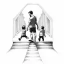 dad and little boy holding hands walking up stairs leading to heaven and wearing soccer jersey with GARCIA and number 8 tattoo design idea