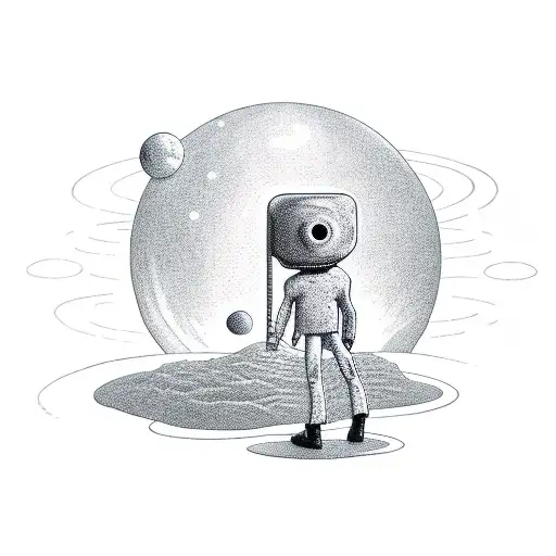 a figure, with baggy clothes standing alone on small planet, symbolizing being isolated in a world full of happy people tattoo design idea
