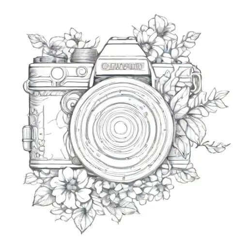 A sketch tattoo of a camera lens surrounded by intricate floral patterns, symbolizing the client's appreciation for nature and photography tattoo design idea