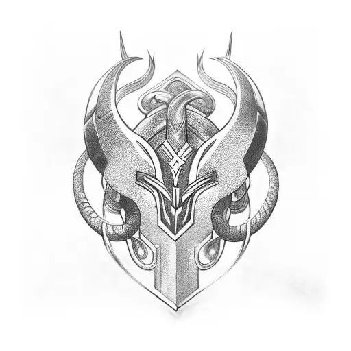 A detailed and intricate design of Loki's helmet intertwined with snakes, showcasing the client's passion for both subjects. tattoo design idea