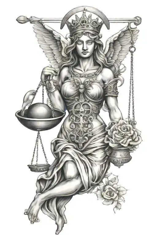 lady of justice with an anatomical heart in one scale, brain in the other scale. with phrase memento mori, amor fati.  tattoo design idea