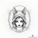 Sexy, Little red riding hood girl, exposing the top of her chest, skinwalker, creepy, dark, goth, tattoo, shading tattoo tattoo design idea