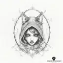 Sexy, Little red riding hood girl, exposing the top of her chest, skinwalker, creepy, dark, goth, tattoo, shading tattoo tattoo design idea