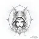 Sexy, Little red riding hood girl, exposing the top of her chest, skinwalker, creepy, dark, goth, tattoo, shading tattoo tattoo design idea