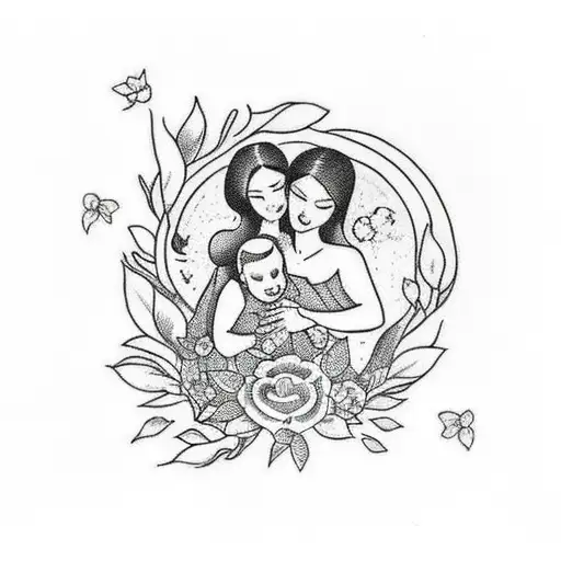 A traditional style tattoo of a mother holding hands with her children, with nature-inspired elements like leaves and flowers intertwined tattoo design idea