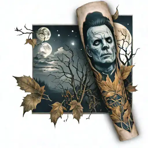 Michael Myers Forearm Tattoo with a night sky, autumn leaves, and a full moon tattoo design idea