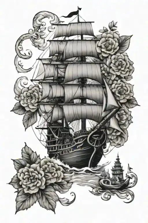 pirate ship navigating, azulejo tiles around ship, hydrangeas , black bull  tattoo design idea