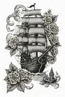 pirate ship navigating, azulejo tiles around ship, hydrangeas , black bull  tattoo design idea