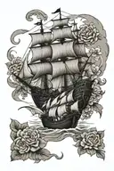 pirate ship navigating, azulejo tiles around ship, hydrangeas , black bull  tattoo design idea