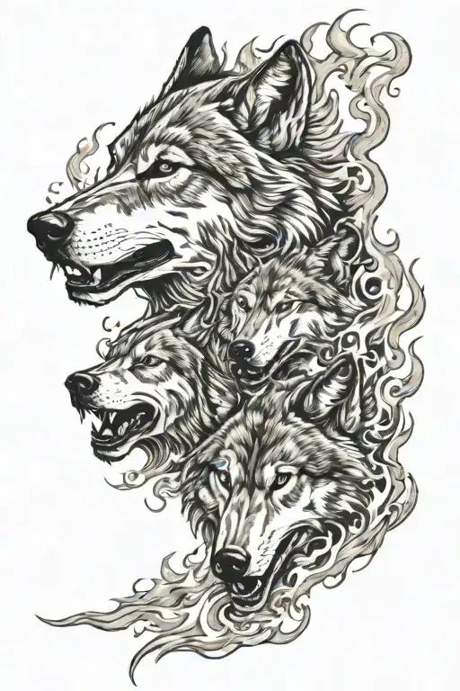 wolves in fire flames tattoo design idea