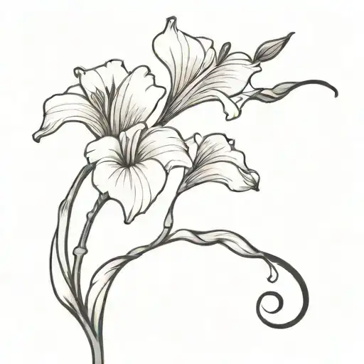 A dark red gladiolus in full bloom, with its stem, forming a semi colon, the semi colon suddenly blends into the stem.  tattoo design idea