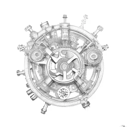 Steampunk-inspired mechanical gears and world landmarks tattoo design idea