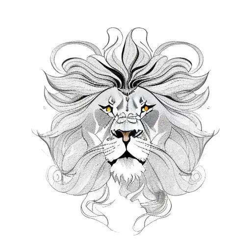 Lady with flowing hair, a lion head on top, with birth flowers for June and March in her hair, her hair turning into a p tattoo design idea