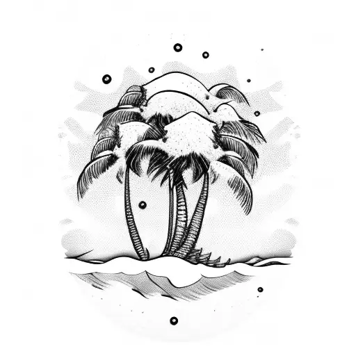 palm tree with skulls and waves tattoo design idea