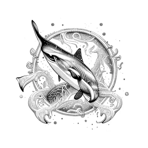 poseidon with killer whale and shark  tattoo design idea