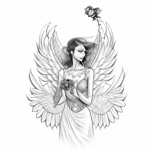 lady with angel wings holding a rose tattoo design idea