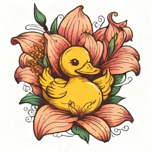 Rubber duck in front of a single lily flower tattoo design idea